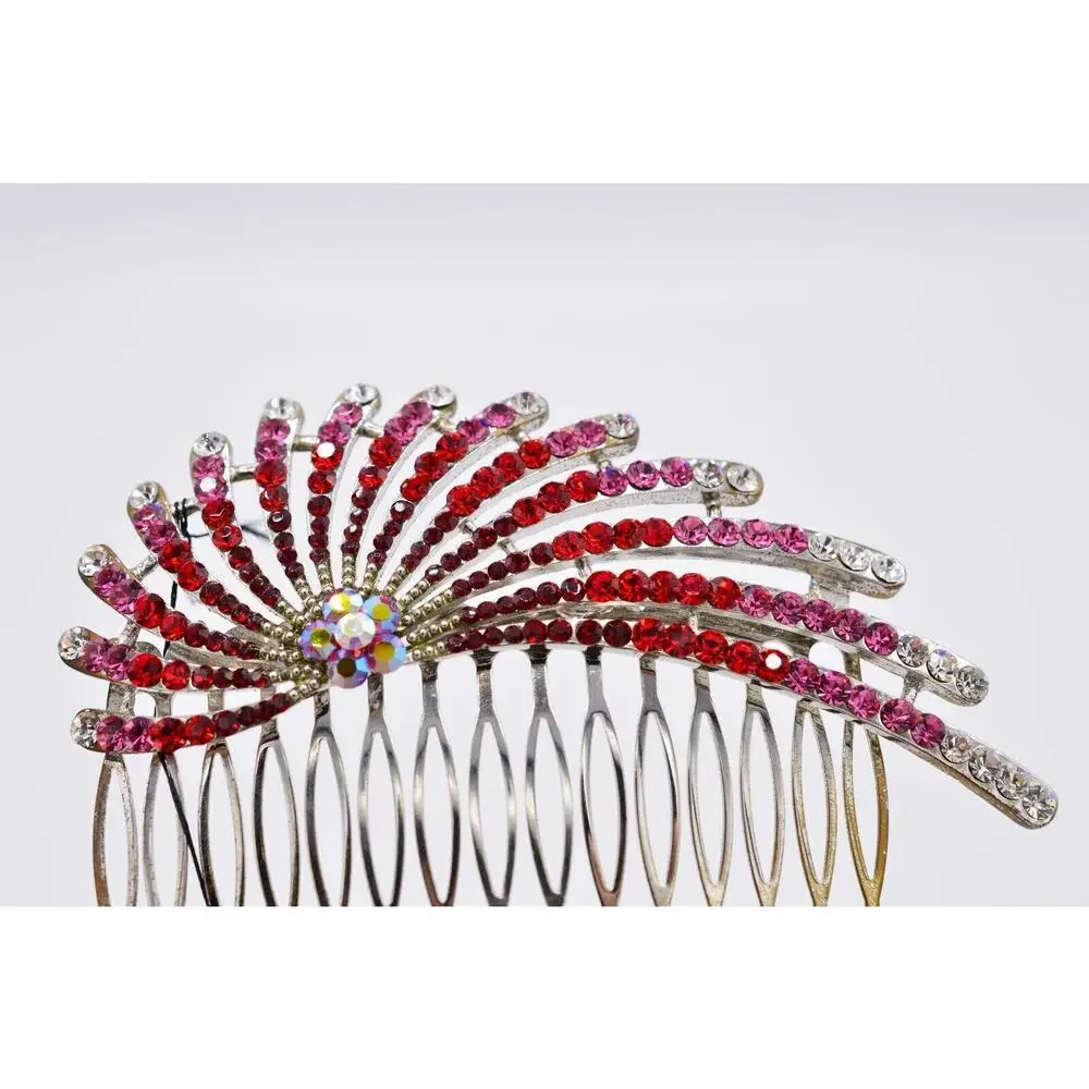 St. Clair Vintage Red Rhinestone Crystal Hair Pin Comb Aurora Borealis Pink